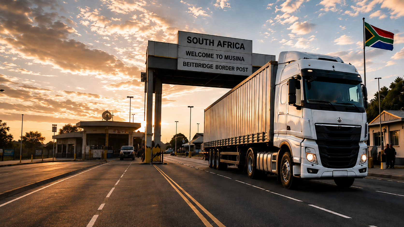 Freight truck moving through a South African border logistics route